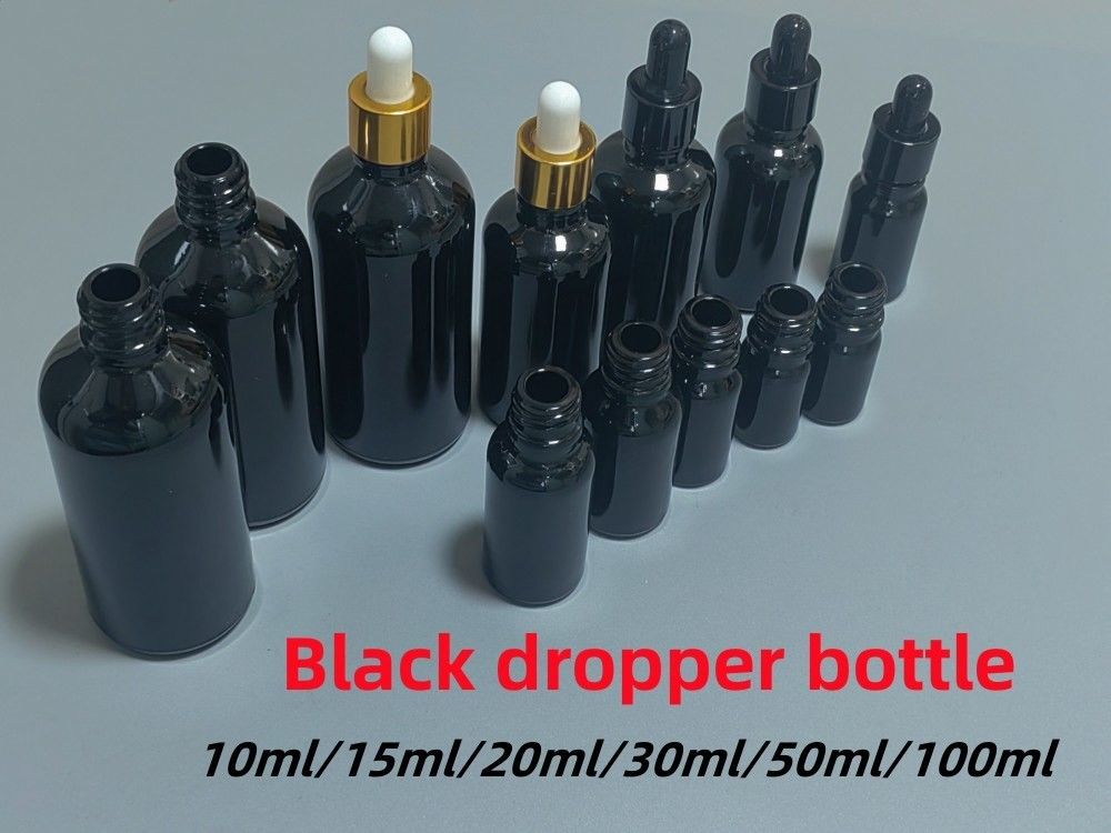 Black 10, Ml 15ml 20ml 30ml 50ml empty round black shiny Glass Essential Oil Dropper Bottle with Plastic Gold ring