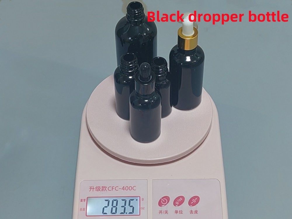 Black 10, Ml 15ml 20ml 30ml 50ml empty round black shiny Glass Essential Oil Dropper Bottle with Plastic Gold ring