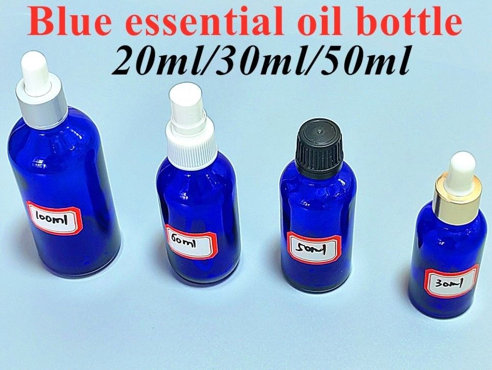 10ml 20ml 30ml 50ml Empty Boston Round Cosmetic Packing Empty Blue Essential Oil Glass Dropper Bottle with Dropper Cap