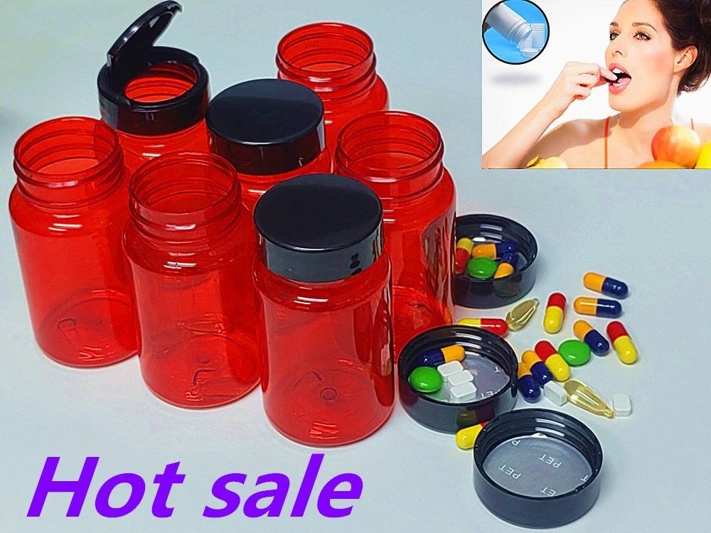 Healthcare Medicine Pill bottle 100ml PET Red Plastic Capsule Packaging Vitamin Pill medicine Bottle with screw Cap