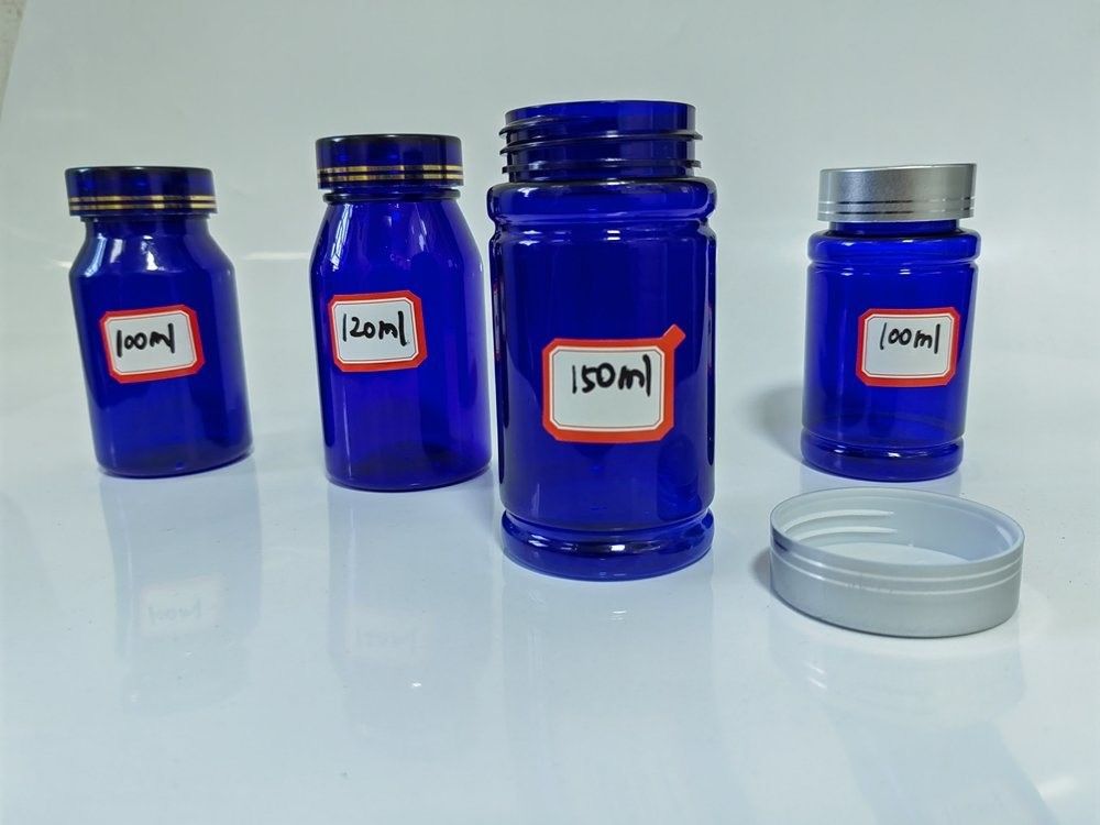 Plastic blue PET 100ml Capsule Pill Bottle with Silver Screw Cap Medicine Vitamin Supplement Bottle Container